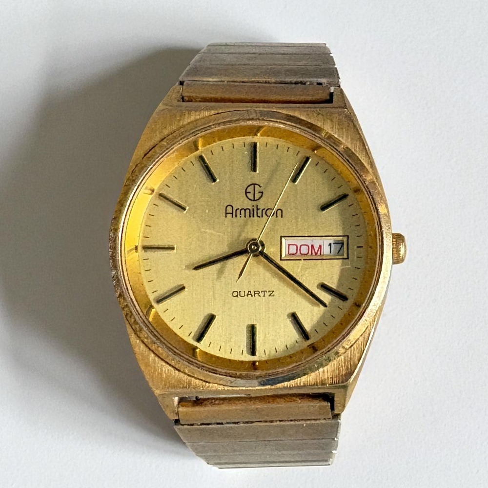 Armitron Quartz Gold Tone Day Date‎ Watch Stainless Back Japan Movt 20/3062C